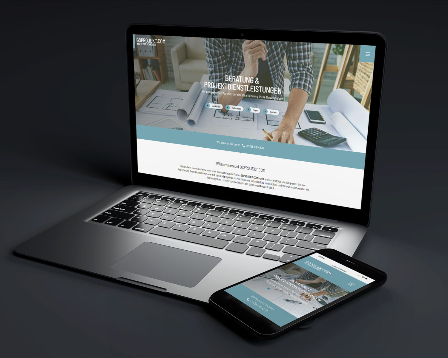 Laptop und Smartphone zeigen die Website gsprojekt.com mit Informationen zu Beratungs- und Projektleistungen.